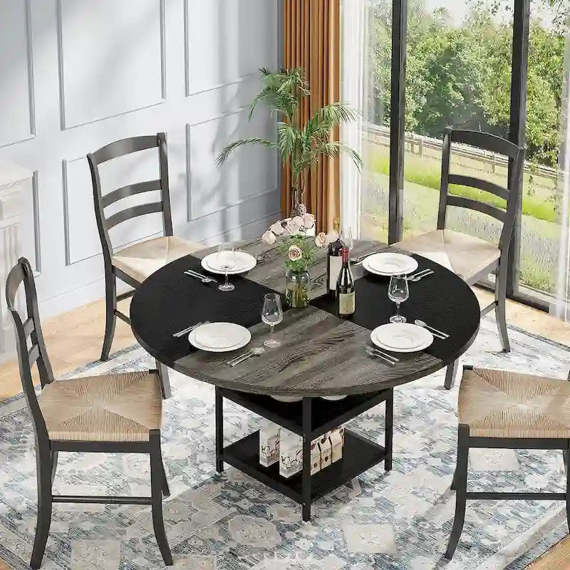 4-Seat Dining Table with Storage Shelf – Wood Top & Metal Legs