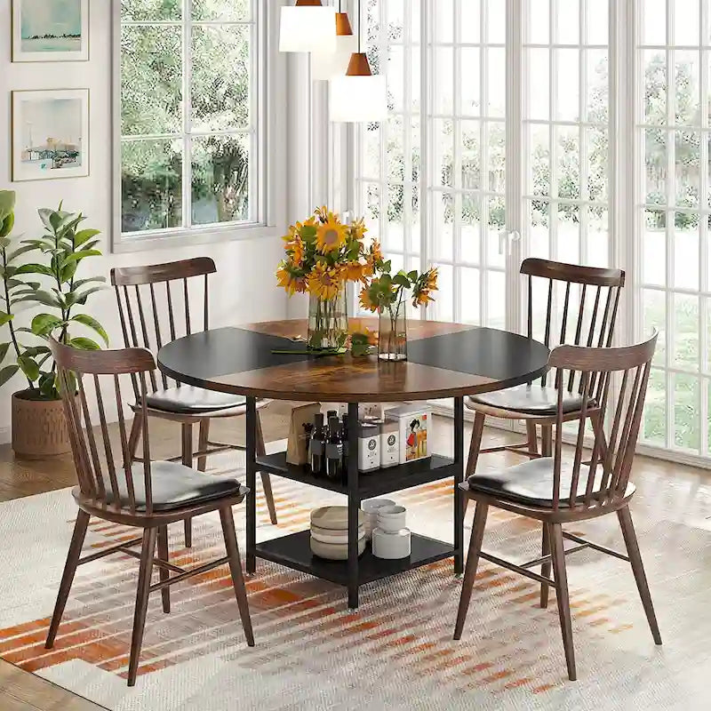4-Seat Dining Table with Storage Shelf – Wood Top & Metal Legs