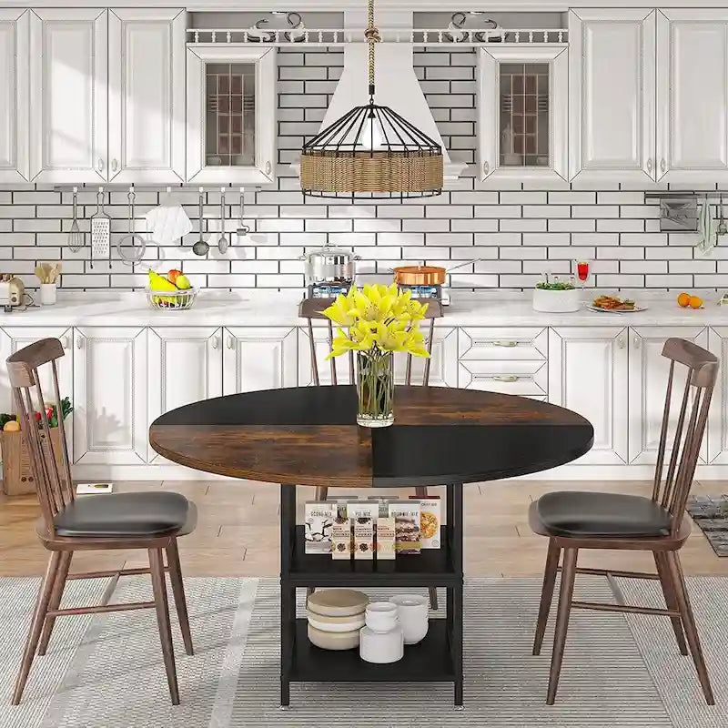 4-Seat Dining Table with Storage Shelf – Wood Top & Metal Legs