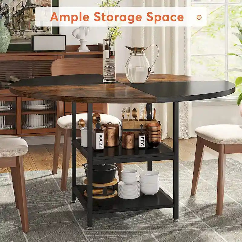 4-Seat Dining Table with Storage Shelf – Wood Top & Metal Legs