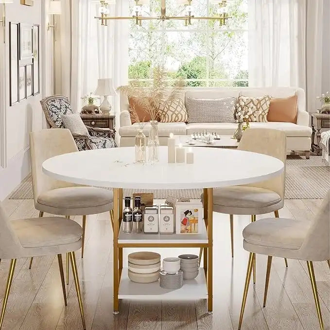 4-Seat Dining Table with Storage Shelf – Wood Top & Metal Legs