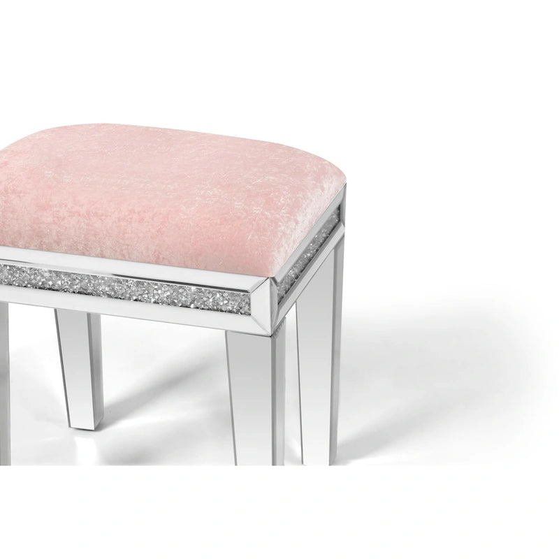 Mirrored Diamond Velvet Vanity Stool with Cushioned Seat