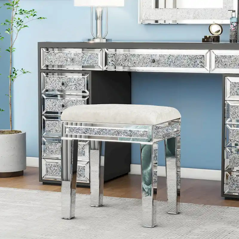 Mirrored Diamond Velvet Vanity Stool with Cushioned Seat