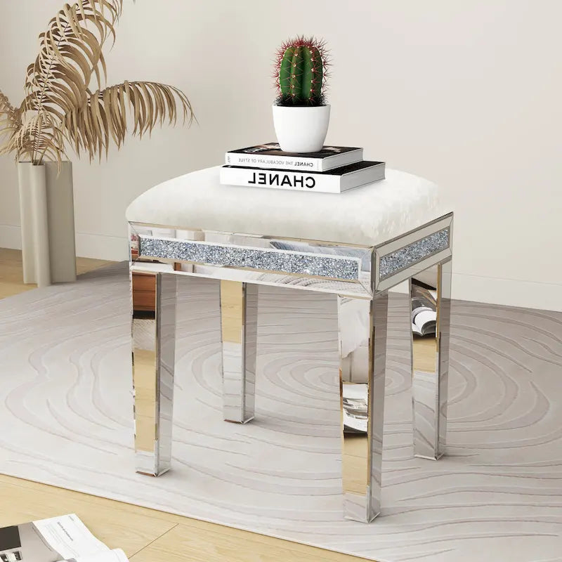 Mirrored Diamond Velvet Vanity Stool with Cushioned Seat