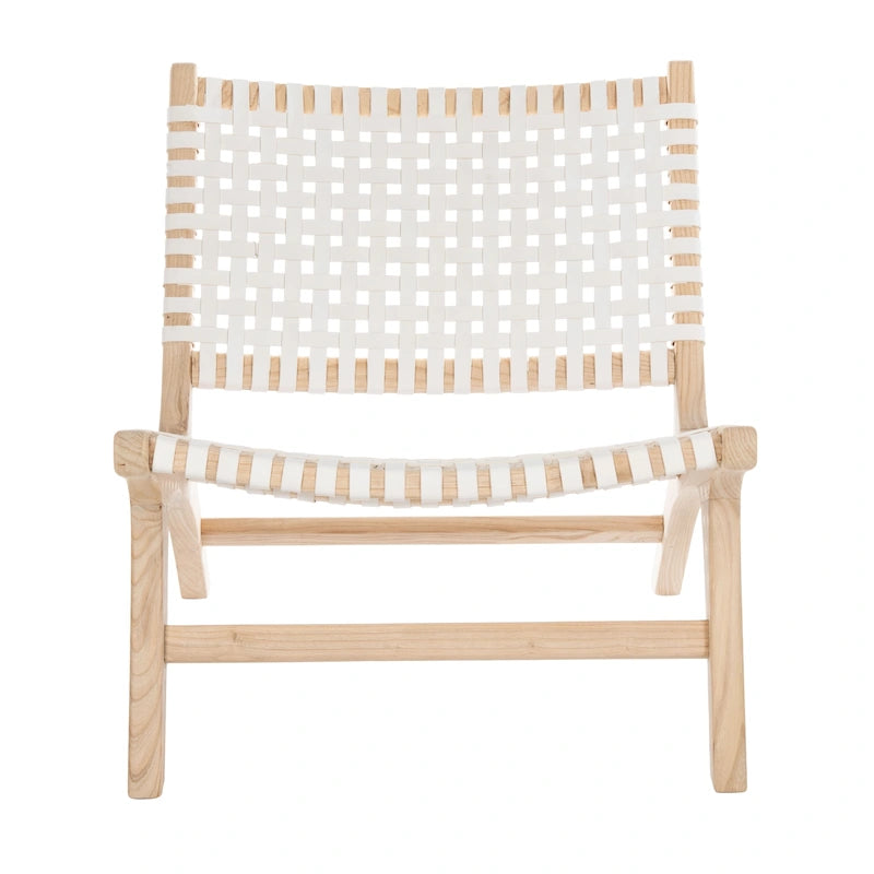 Leather Woven Accent Chair with Natural Wood Frame – Handcrafted Boho Style