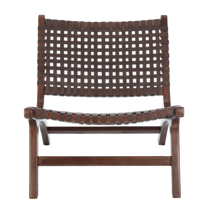 Leather Woven Accent Chair with Natural Wood Frame – Handcrafted Boho Style