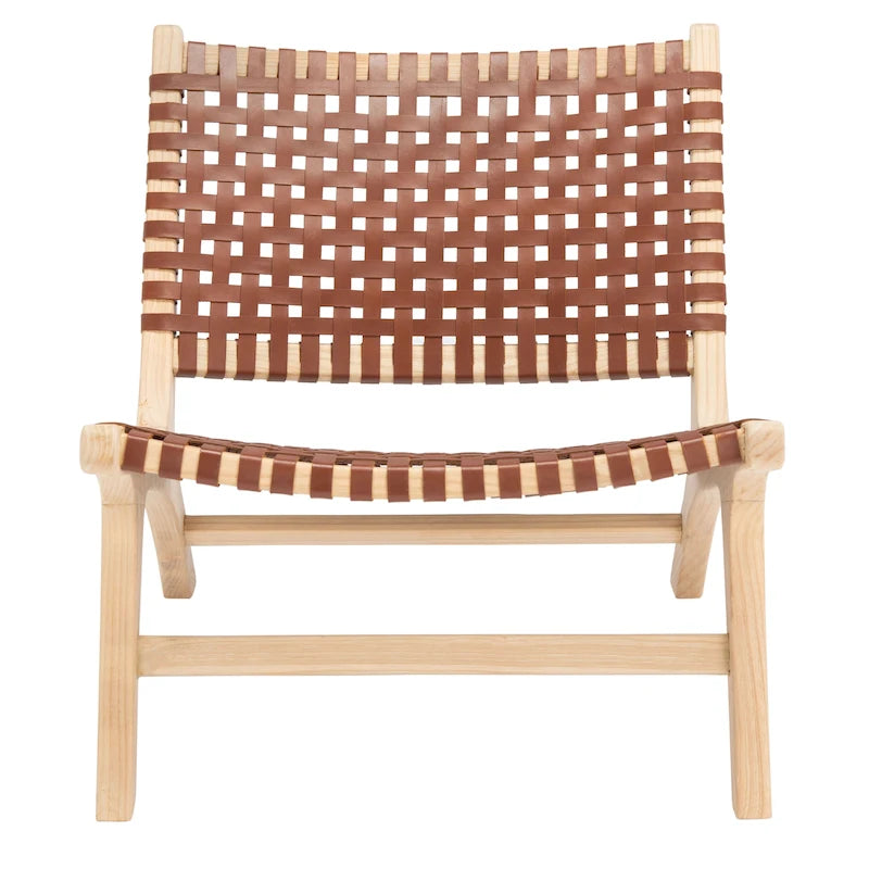 Leather Woven Accent Chair with Natural Wood Frame – Handcrafted Boho Style