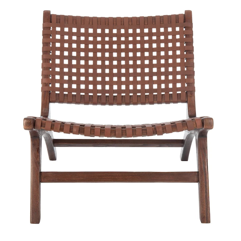 Leather Woven Accent Chair with Natural Wood Frame – Handcrafted Boho Style