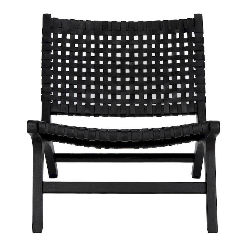 Leather Woven Accent Chair with Natural Wood Frame – Handcrafted Boho Style