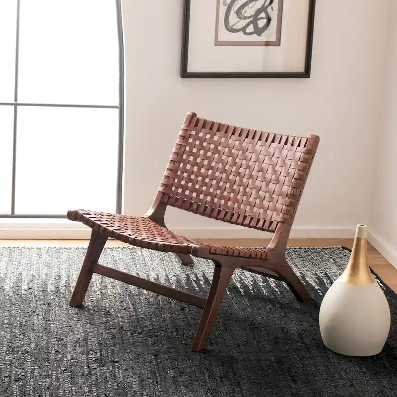 Leather Woven Accent Chair with Natural Wood Frame – Handcrafted Boho Style