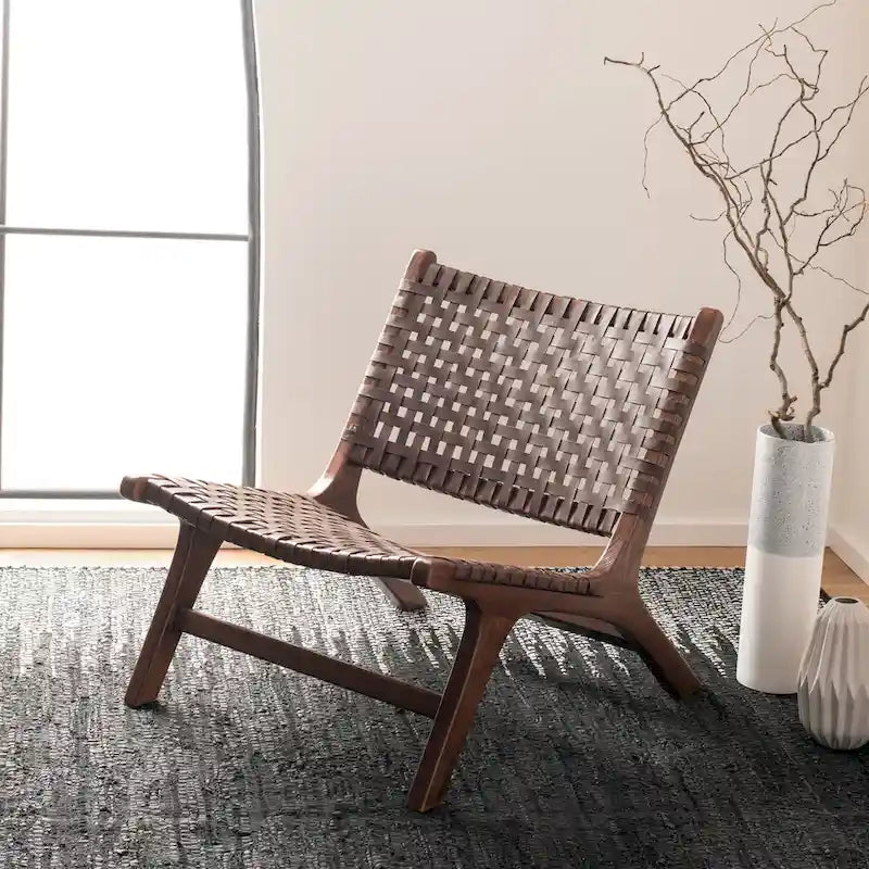 Leather Woven Accent Chair with Natural Wood Frame – Handcrafted Boho Style