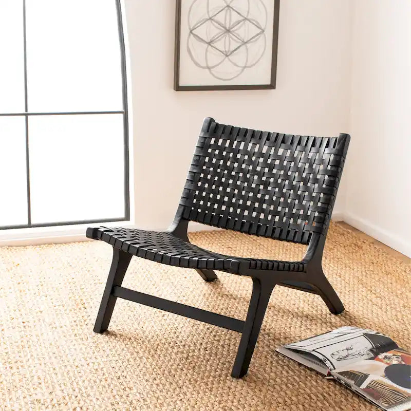 Leather Woven Accent Chair with Natural Wood Frame – Handcrafted Boho Style