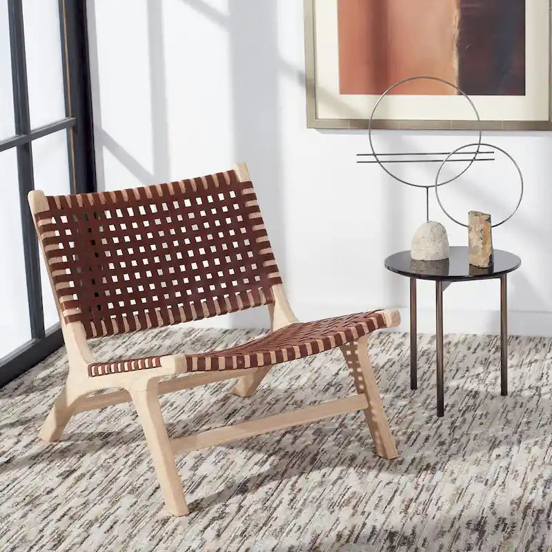 Leather Woven Accent Chair with Natural Wood Frame – Handcrafted Boho Style