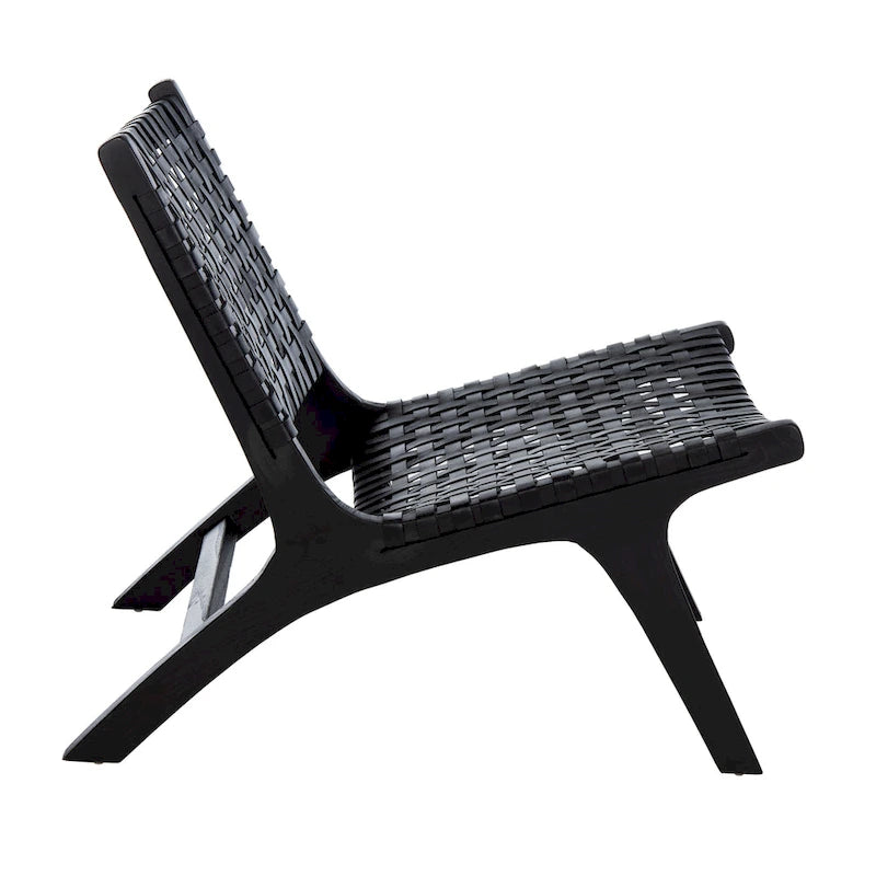 Leather Woven Accent Chair with Natural Wood Frame – Handcrafted Boho Style
