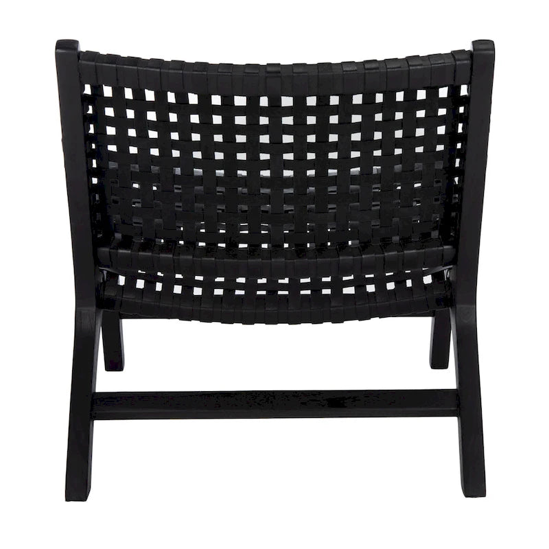 Leather Woven Accent Chair with Natural Wood Frame – Handcrafted Boho Style