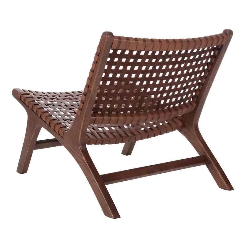 Leather Woven Accent Chair with Natural Wood Frame – Handcrafted Boho Style