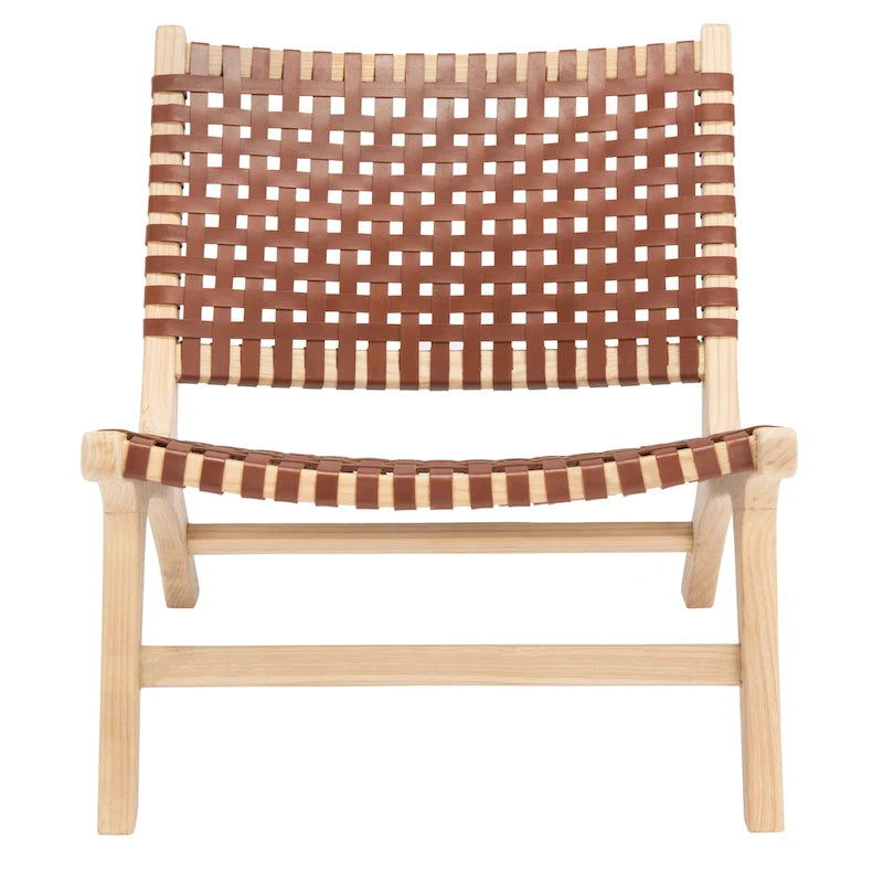 Leather Woven Accent Chair with Natural Wood Frame – Handcrafted Boho Style