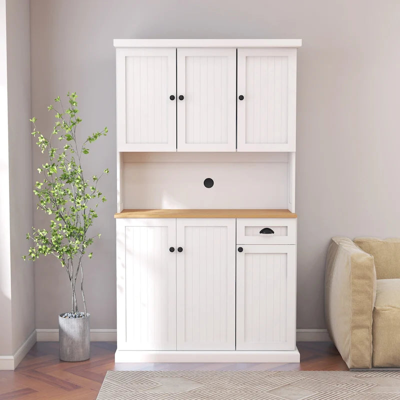 Buffet de cuisine moderne imitation grain de bois avec meuble pour micro-ondes et étagères réglables