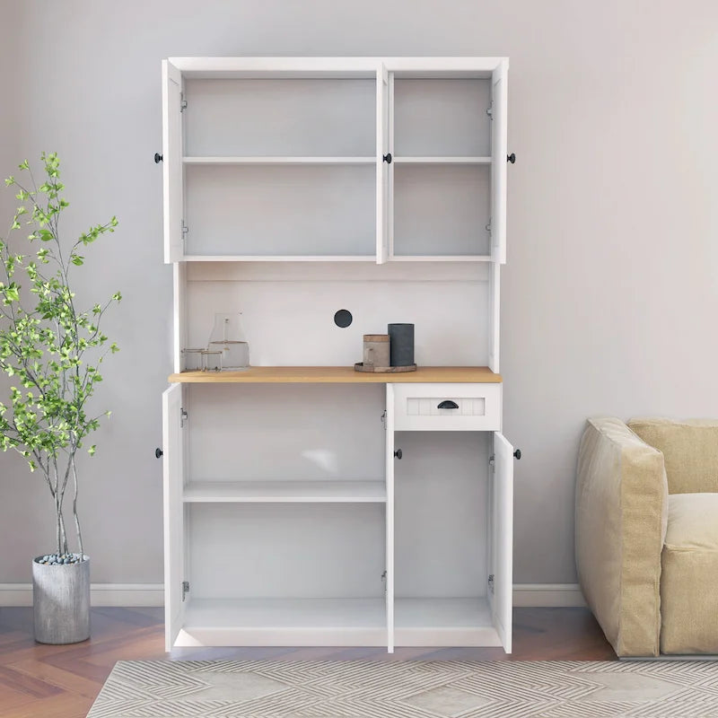 Buffet de cuisine moderne imitation grain de bois avec meuble pour micro-ondes et étagères réglables