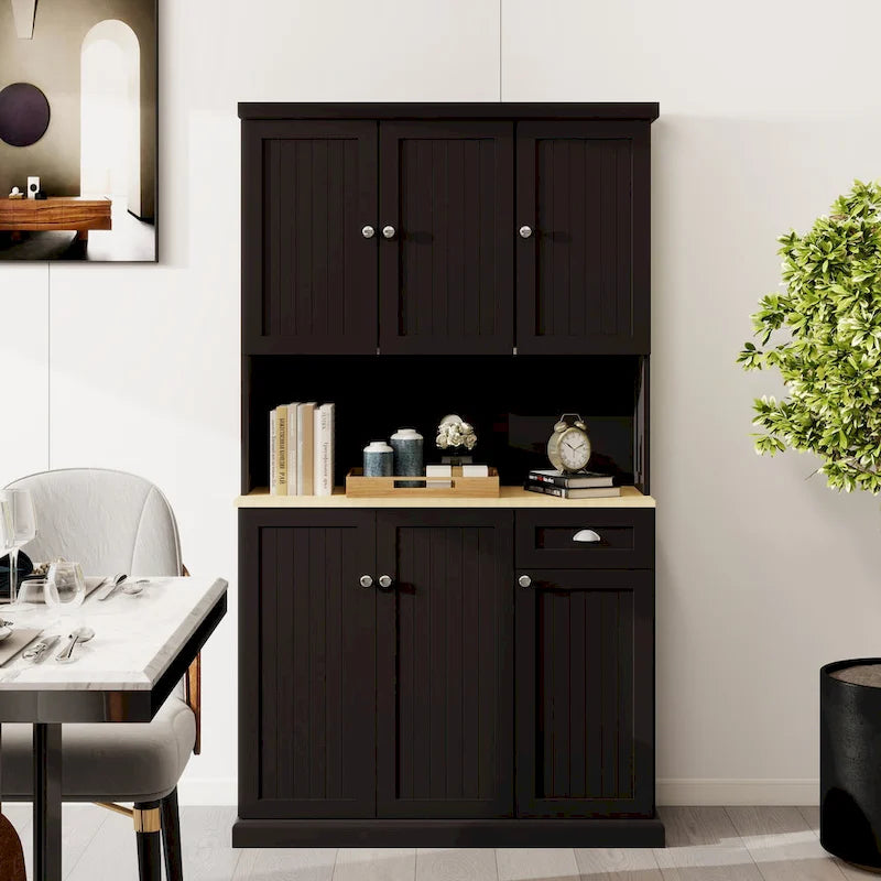 Buffet de cuisine moderne imitation grain de bois avec meuble pour micro-ondes et étagères réglables