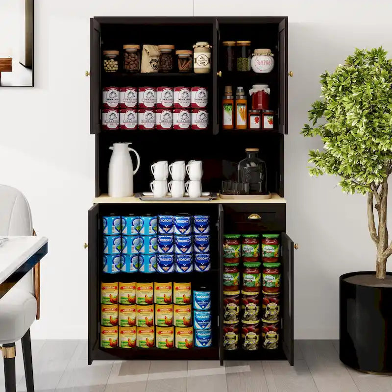 Buffet de cuisine moderne imitation grain de bois avec meuble pour micro-ondes et étagères réglables