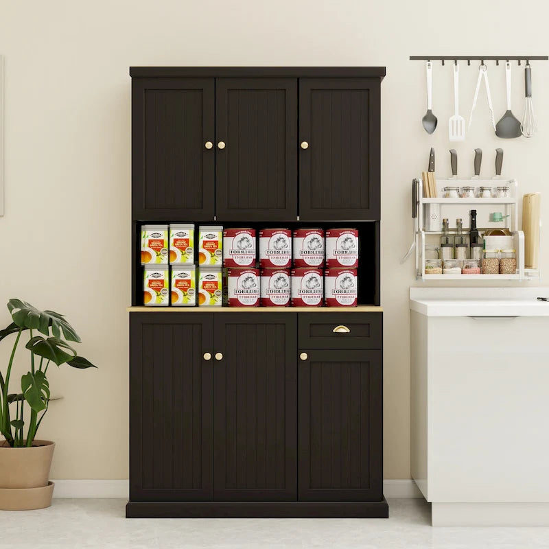 Buffet de cuisine moderne imitation grain de bois avec meuble pour micro-ondes et étagères réglables