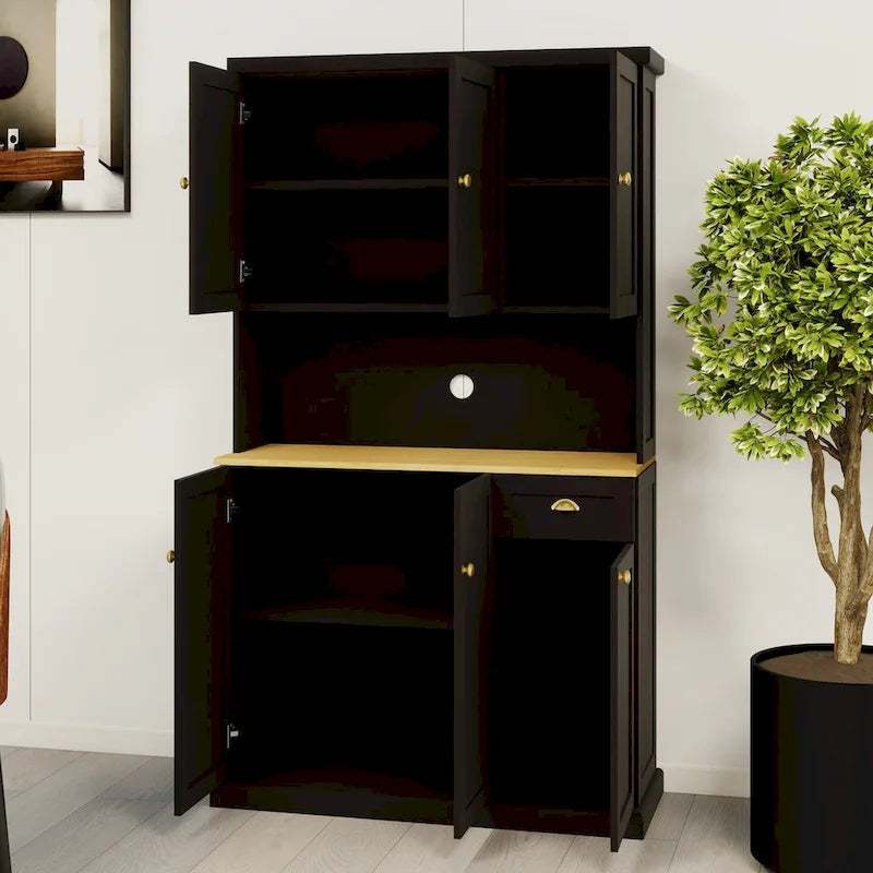 Buffet de cuisine moderne imitation grain de bois avec meuble pour micro-ondes et étagères réglables