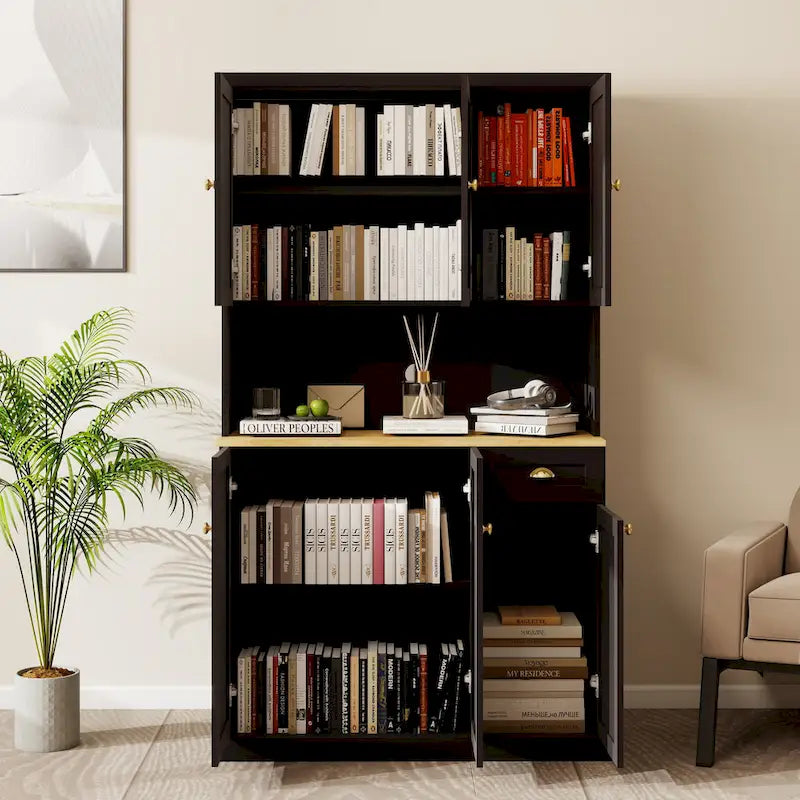 Buffet de cuisine moderne imitation grain de bois avec meuble pour micro-ondes et étagères réglables