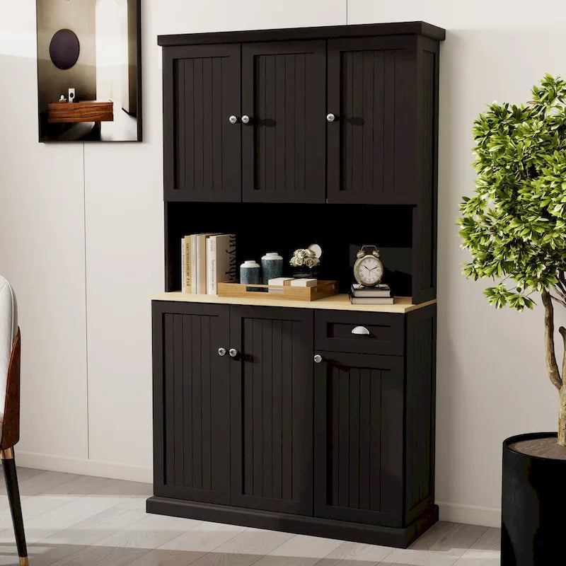 Buffet de cuisine moderne imitation grain de bois avec meuble pour micro-ondes et étagères réglables