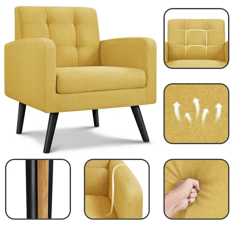 Mid-Century Modern Fabric Accent Armchair with Rubber Wood Legs
