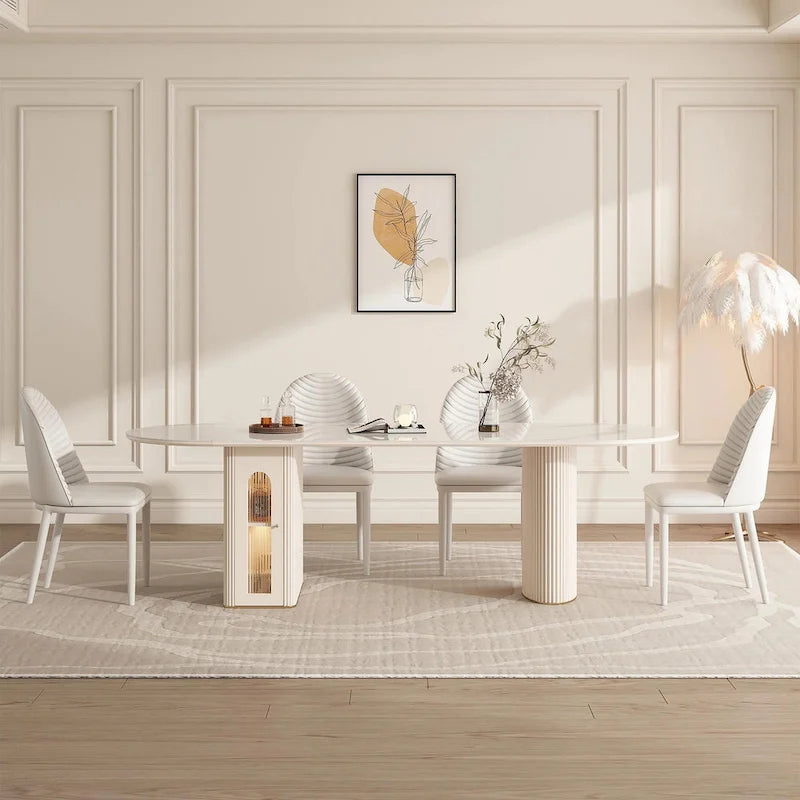 8 Person Folding Storage Dining Table Modern 78.7in Extendable Oval Dining Table,White Sintered Stone