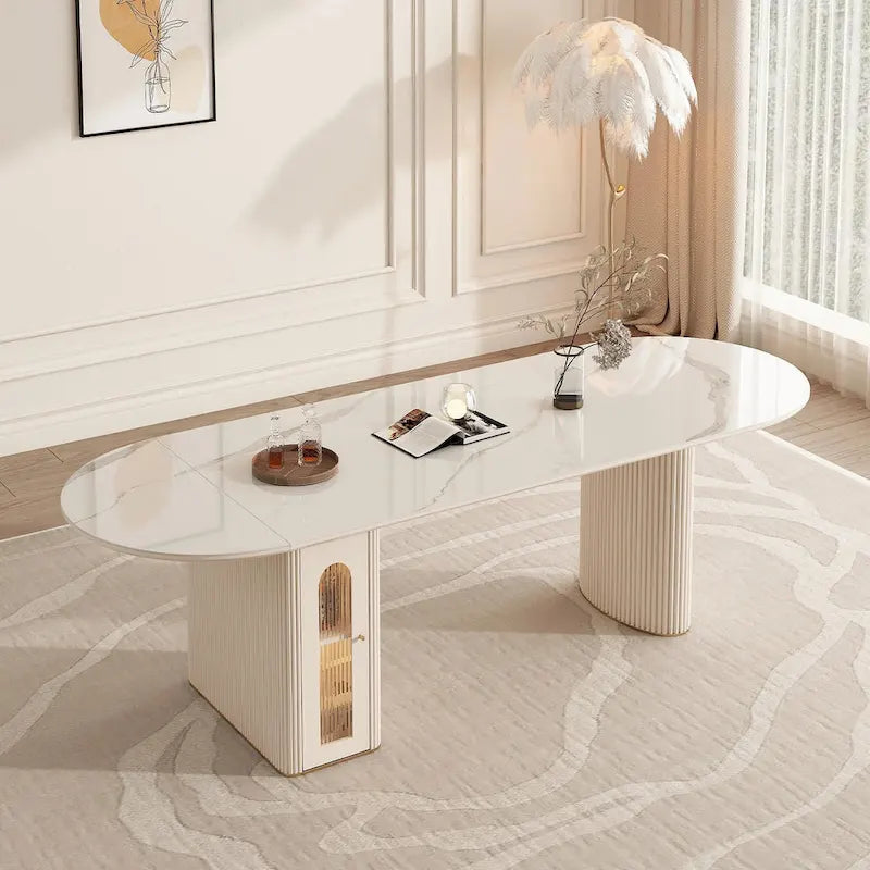 Table à manger ovale extensible en pierre frittée avec rangement intégré