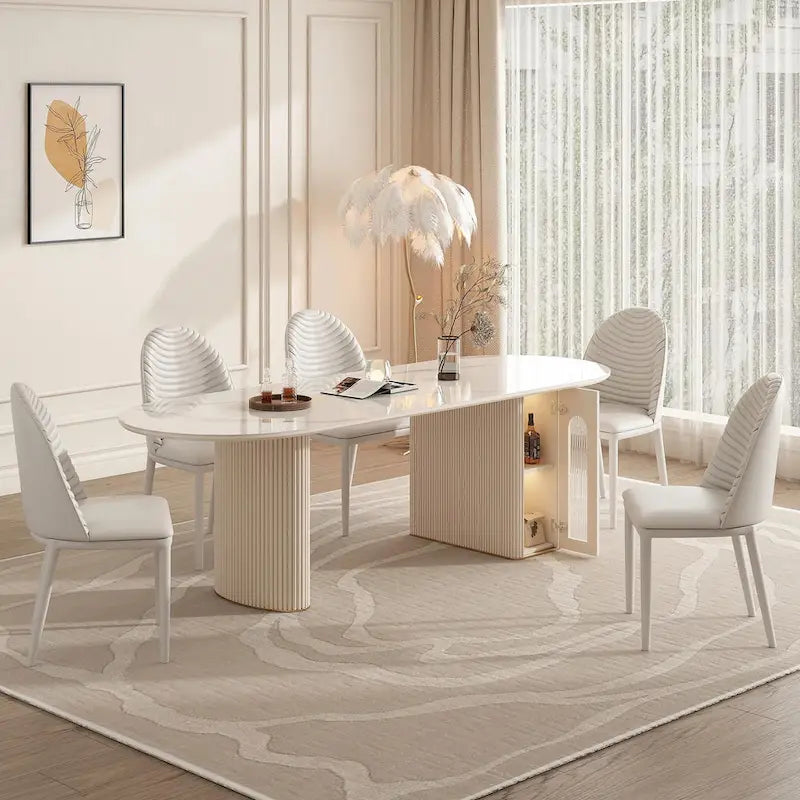Table à manger ovale extensible en pierre frittée avec rangement intégré