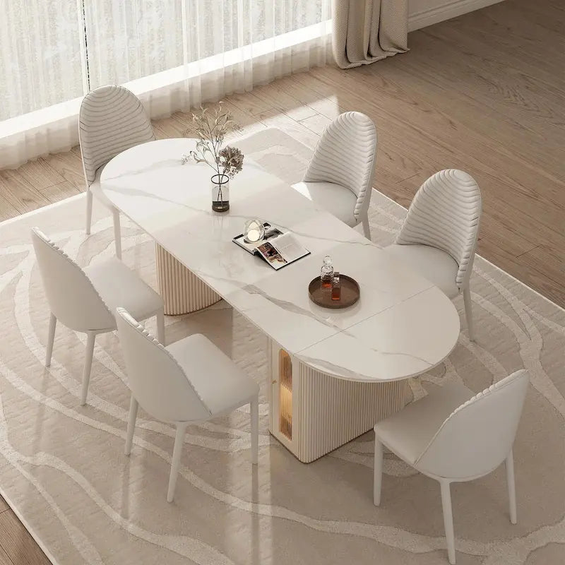 Table à manger ovale extensible en pierre frittée avec rangement intégré