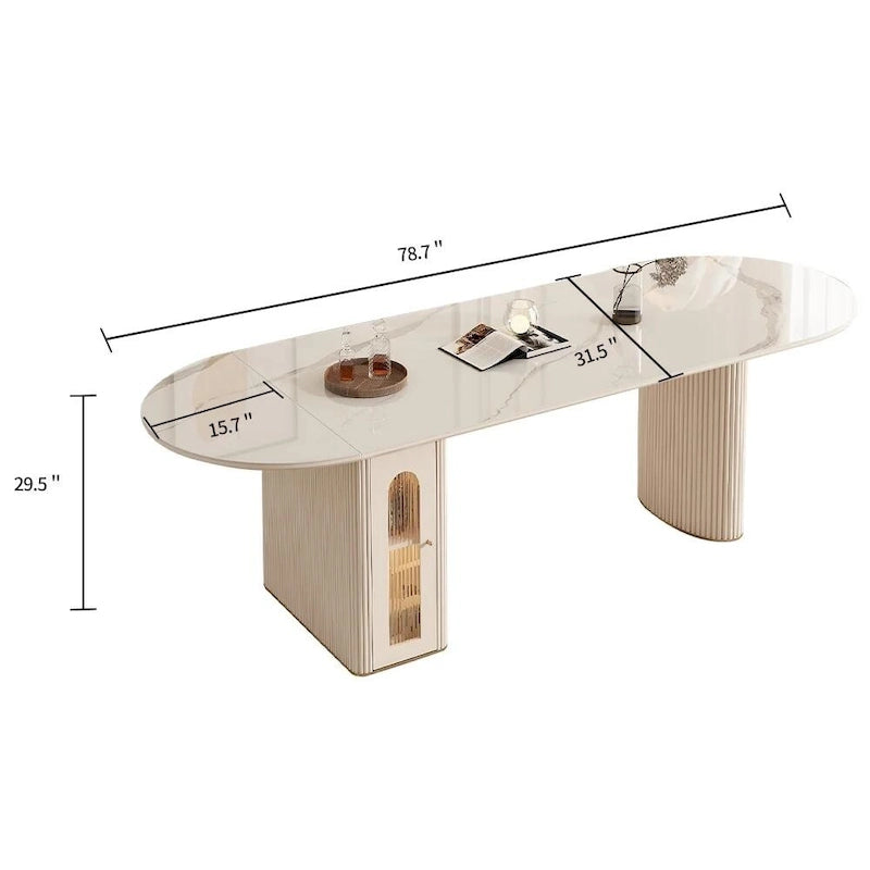 Table à manger ovale extensible en pierre frittée avec rangement intégré