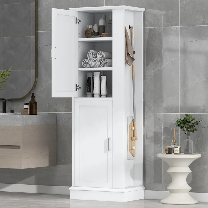 Freestanding Bathroom Storage Cabinet with Adjustable Shelves & Side Hook