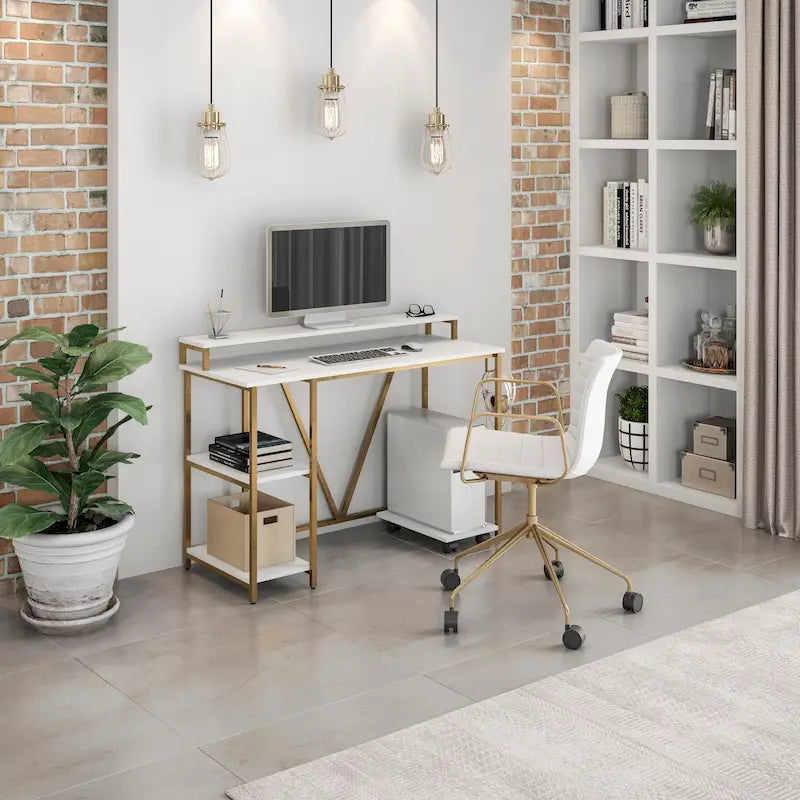 Industrial Writing Desk with Dual-Layer Hutch & Side Shelves