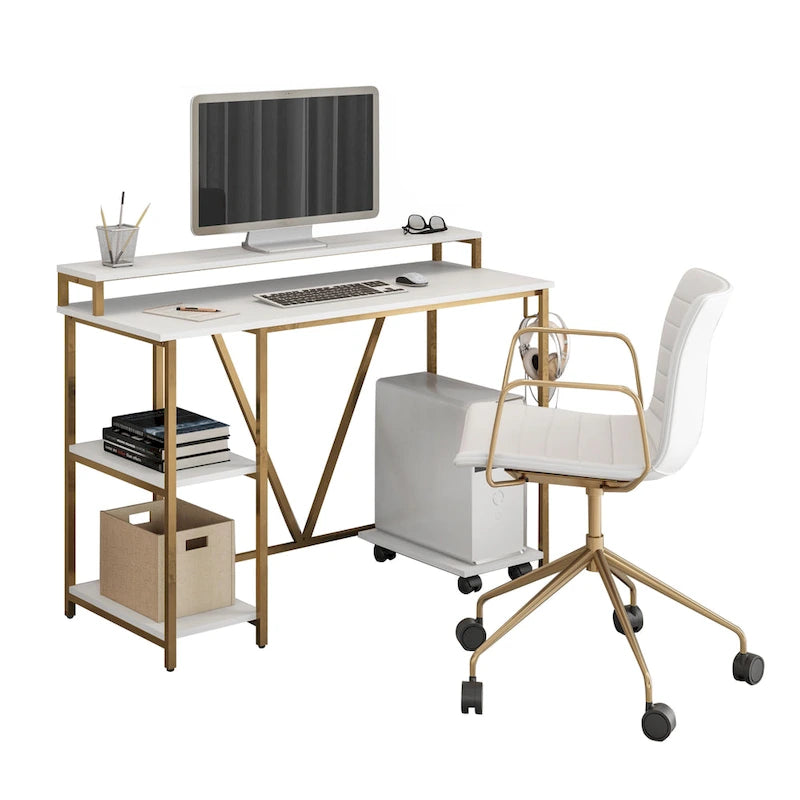 Industrial Writing Desk with Dual-Layer Hutch & Side Shelves