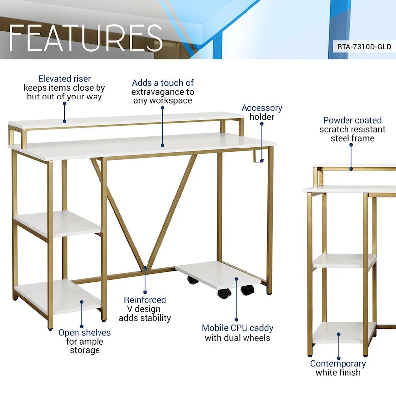 Industrial Writing Desk with Dual-Layer Hutch & Side Shelves