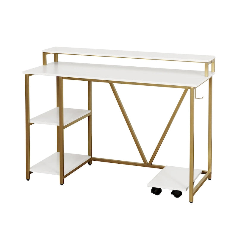 Industrial Writing Desk with Dual-Layer Hutch & Side Shelves